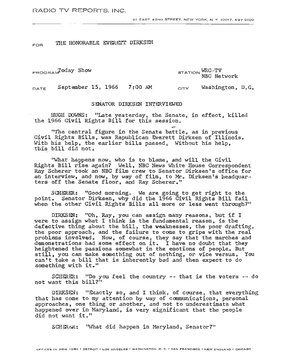 This interview transcript records Senator Everett McKinley Dirksen's appearance on The Today Show to discuss the failure to pass the 1966 Civil Rights Bill in the Senate.