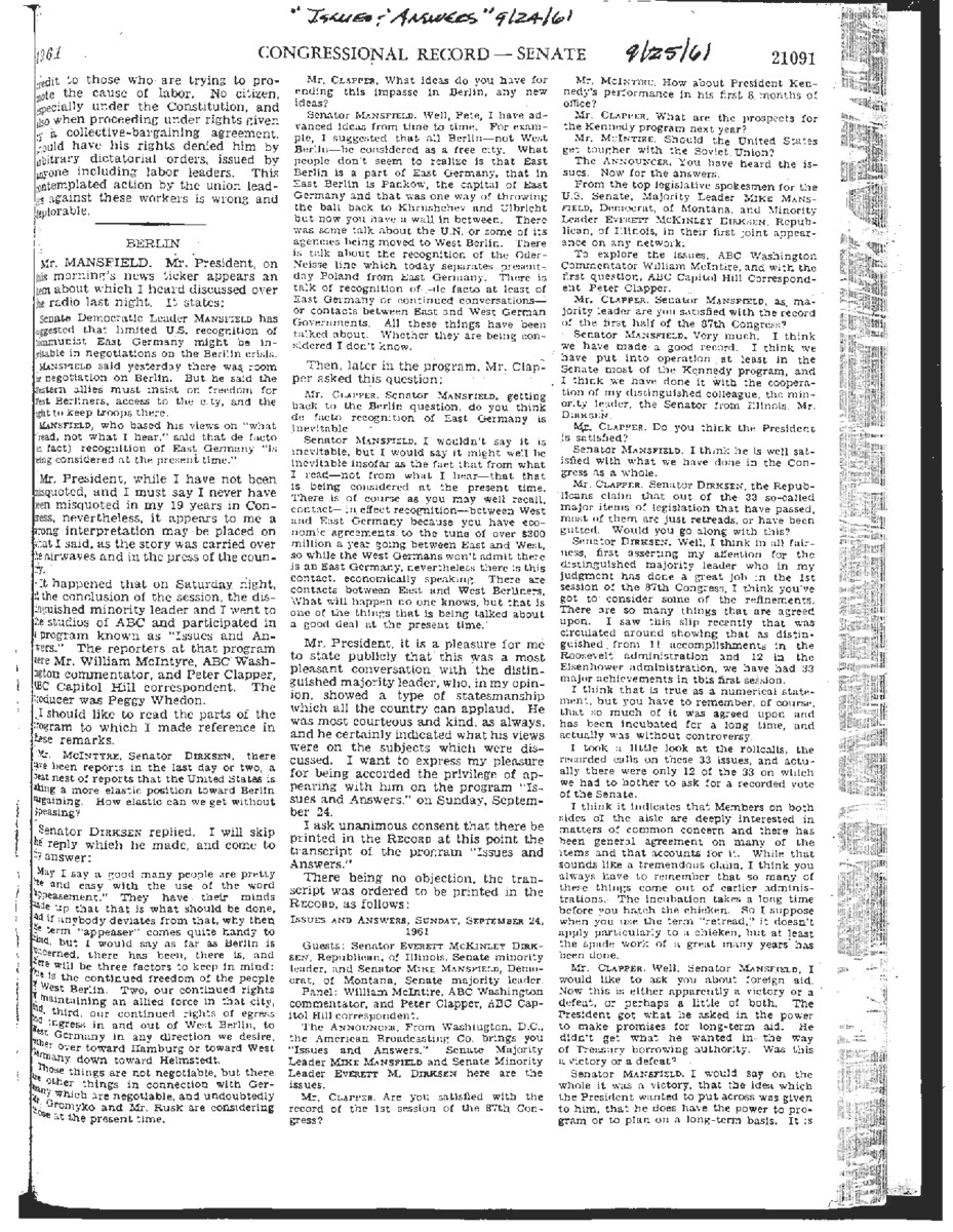 This interview transcript records Everett McKinley Dirksen and Mike Mansfield's appearance on ABC's Issues and Answers to discuss the legislative agenda for the 87th Congress.