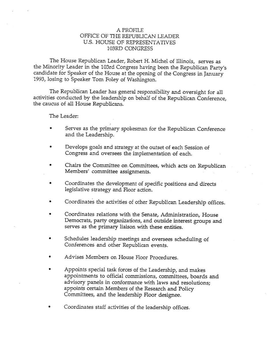 Part of a larger document, titled "A Blueprint for Leadership" that outlined for House Republicans House Republicans plans for the formulation, communication, and implementation of policy, for the 103rd Congress, the first since 1981 without a Republican-held White House.