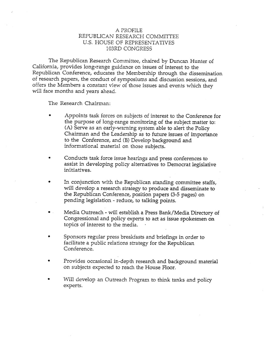 Part of a larger document, titled "A Blueprint for Leadership" that outlined for House Republicans House Republicans plans for the formulation, communication, and implementation of policy, for the 103rd Congress, the first since 1981 without a Republican-held White House.