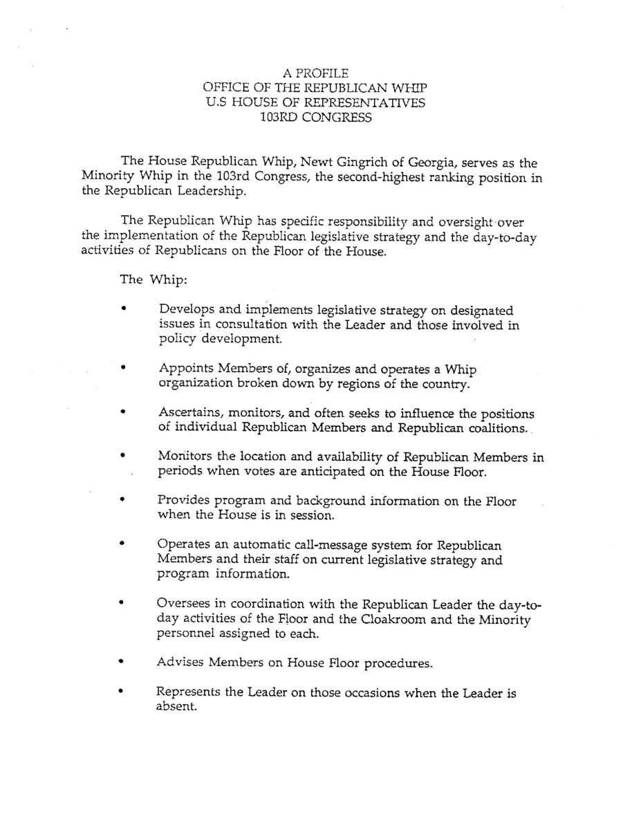 Part of a larger document, titled "A Blueprint for Leadership" that outlined for House Republicans House Republicans plans for the formulation, communication, and implementation of policy, for the 103rd Congress, the first since 1981 without a Republican-held White House.
