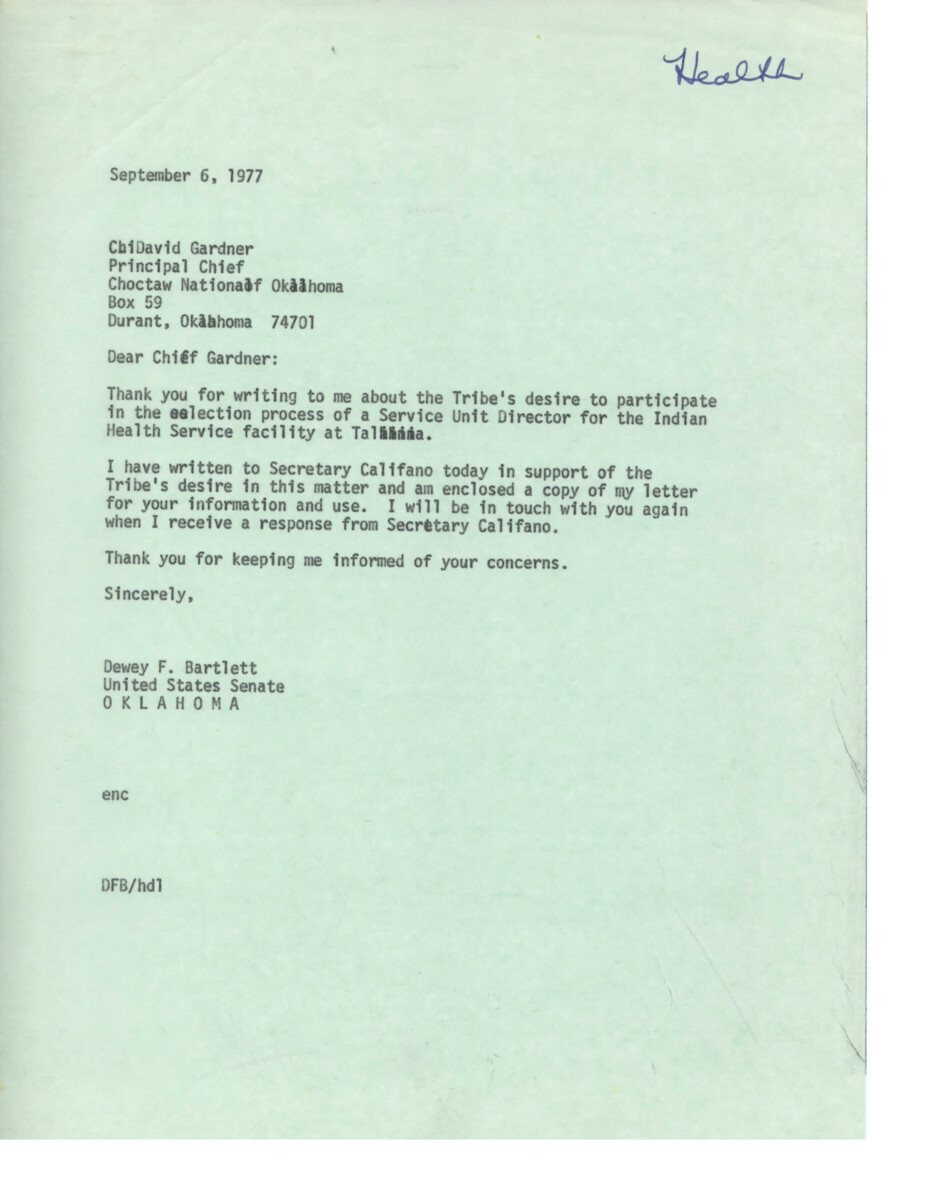 The Choctaw Nation of Oklahoma is requesting to participate in the selection process of a Service Unit Director for the Indian Health Service facility at Talihina. They are concerned about the reinstatement of Floyd Anderson, citing previous issues with his leadership. They are requesting support from Senator Dewey Bartlett and Secretary Joseph Califano to intervene and countermand the reinstatement. They believe that allowing the tribe to have a voice in the selection process is important for the delivery of quality health services.