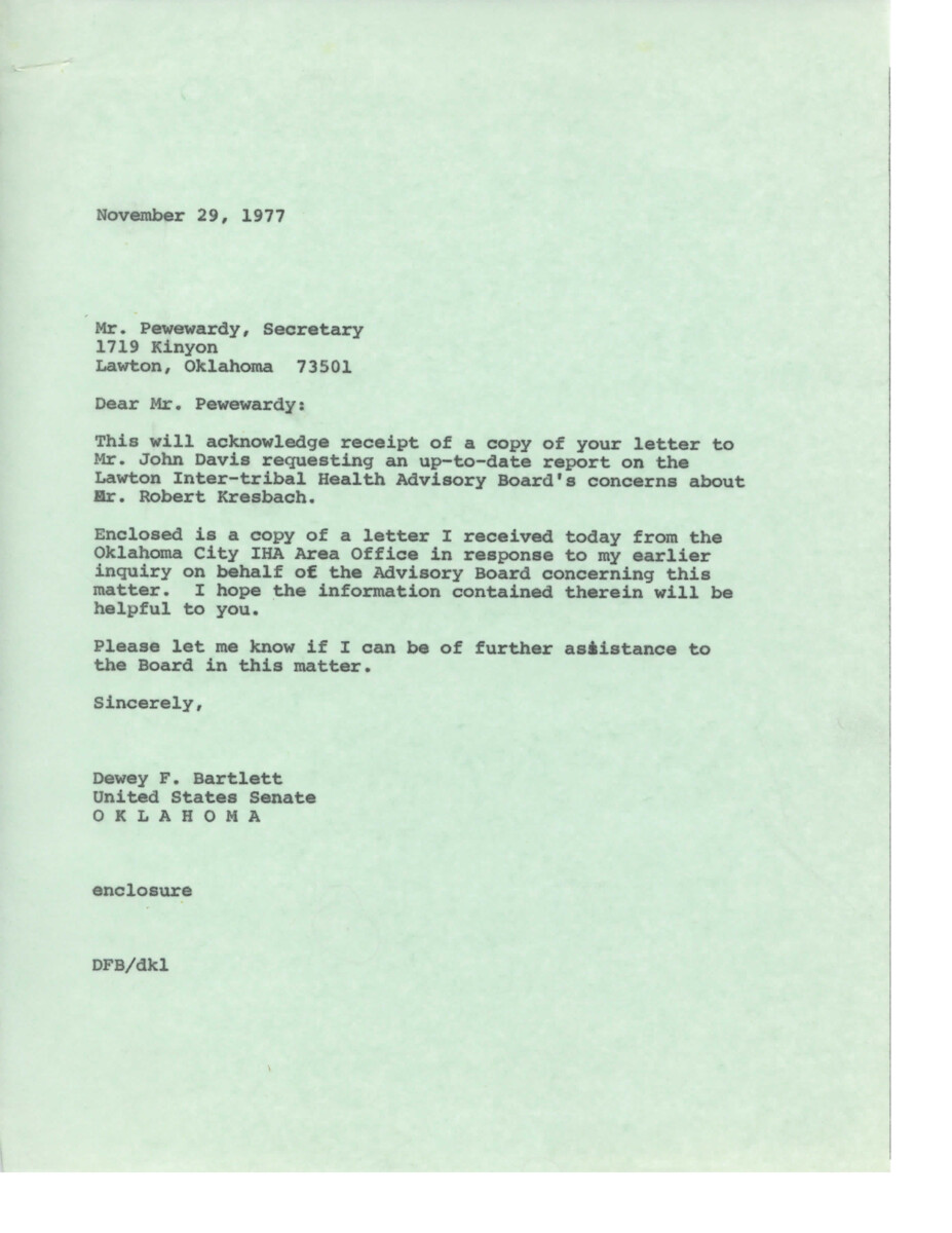 The document includes correspondence between Mr. Pewewardy, Senator Dewey F. Bartlett, and John W. Davis regarding concerns about Dr. Robert Krebsbach at the Lawton Inter-tribal Health Advisory Board. The Indian Health Service conducted an investigation and intends to follow appropriate personnel procedures. Rosalie Guerrera was honored with the Elinor Gregg Award for her contributions to nursing in the Indian Health Service.