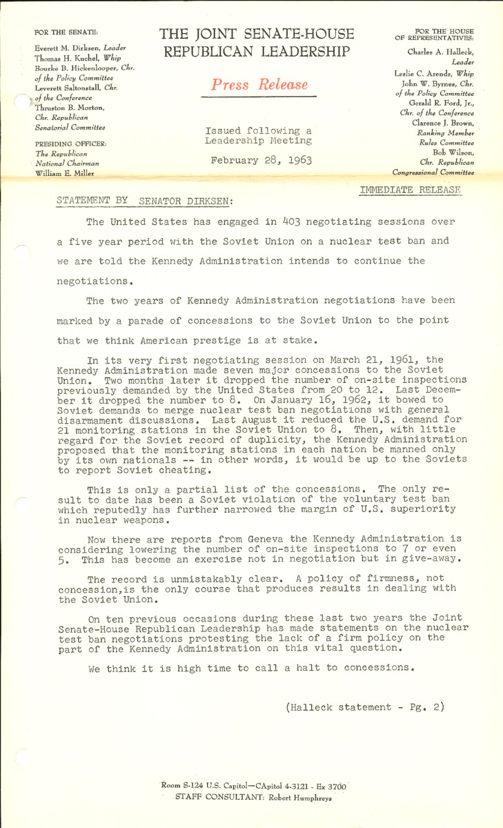 The official statement and press conference covers topics including nuclear test ban treaty talks, federal spending, the Bay of Pigs invasion, President Kennedy's civil rights proposals, tax legislation