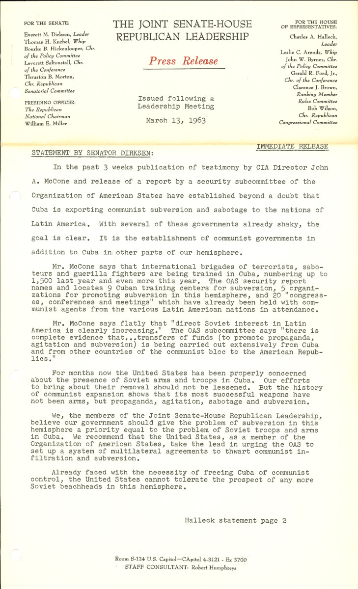 The official statement and press conference covers topics including Cuba policy, Latin American policy, the Organization of American States, a military pay increase, defense spending