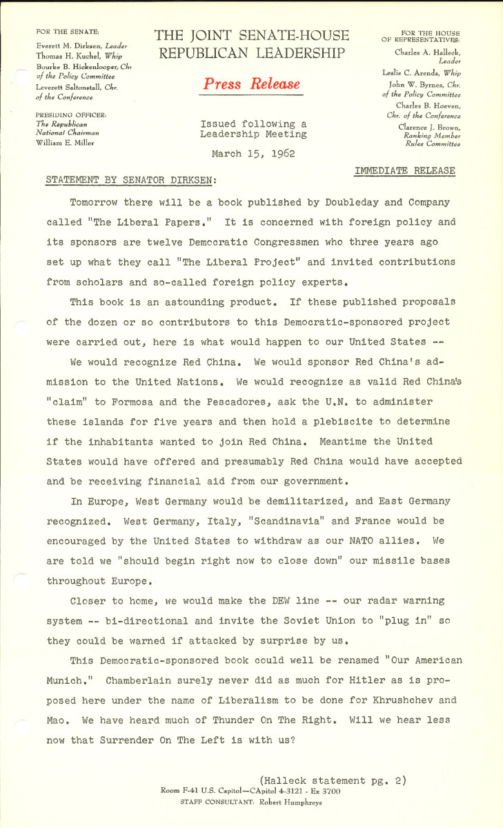 The official statement and press conference covers topics including "The Liberal Papers" publication, foreign affairs, medical care for senior citizens, dairy legislation, the 1962 tax bill