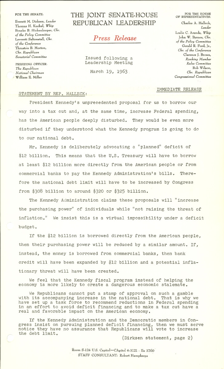 The official statement and press conference covers topics including the national debt, a debt limit increase, inflation, federal spending, the youth opportunities bill, Puerto Rico statehood