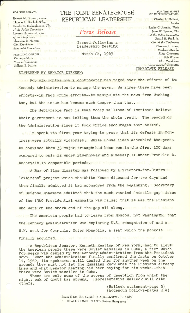 The official statement and press conference covers topics including Kennedy administration public statements, federal versus state authority, Medicare legislation, UN recognition of Mongolia and the People's Republic of China, federal spending