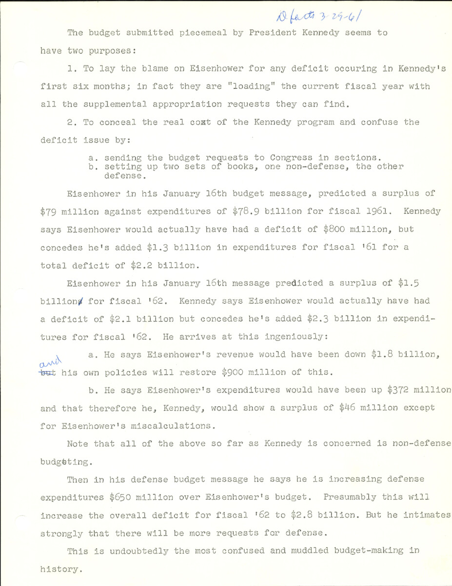 The official statement and press conference covers topics including the federal budget, separation of powers and the oversight of independent agencies, Laos policy, State Department nominations, depressed areas legislation, defense spending and military base closings