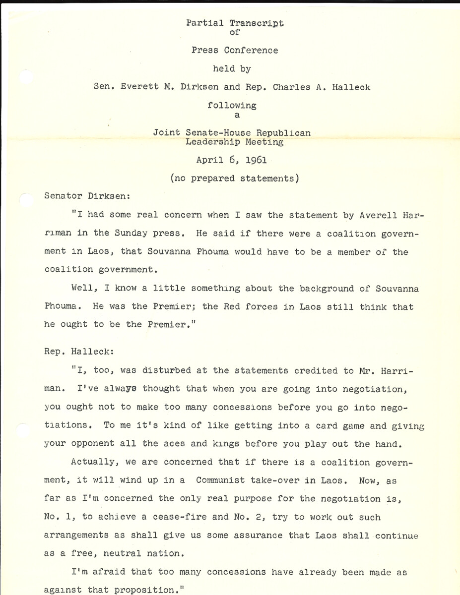 The official statement and press conference covers topics including Laos policy and Secretary of State Dean Rusk's visit to Laos, an upcoming meeting with former President Dwight Eisenhower, presidential golf games, federal spending, commodity prices, corn prices, and the John Birch Society