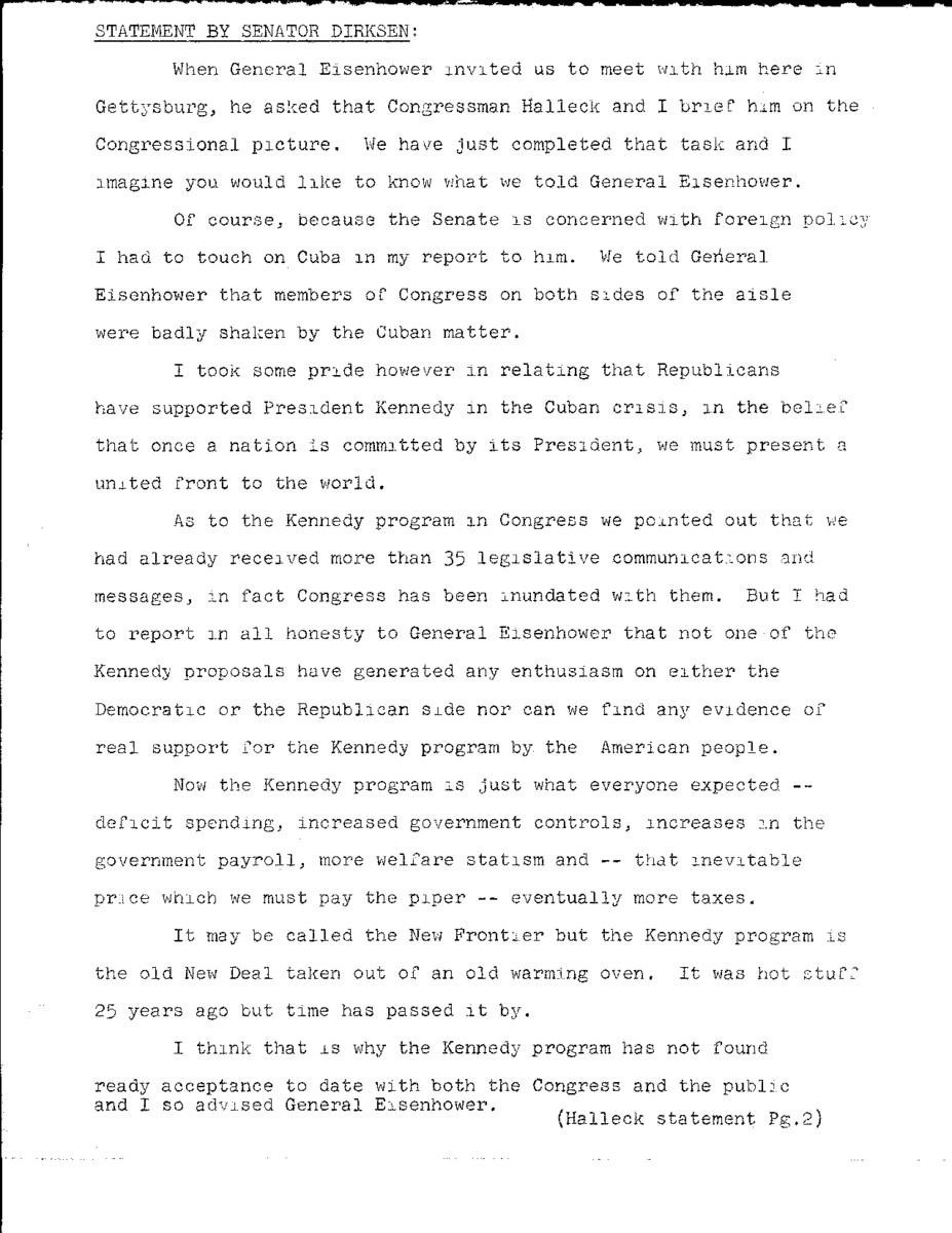 The official statement covers topics including the leadership meeting with President Dwight Eisenhower, the Bay of Pigs invasion, New Frontier legislation, John F. Kennedy's first 100 days in office, Richard Nixon's political future, the U-2 spy plane incident, Laos policy, South American foreign policy, and unemployment.