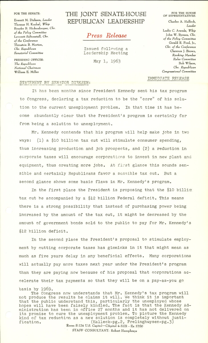 The official statement and press conference covers topics including tax legislation and unemployment