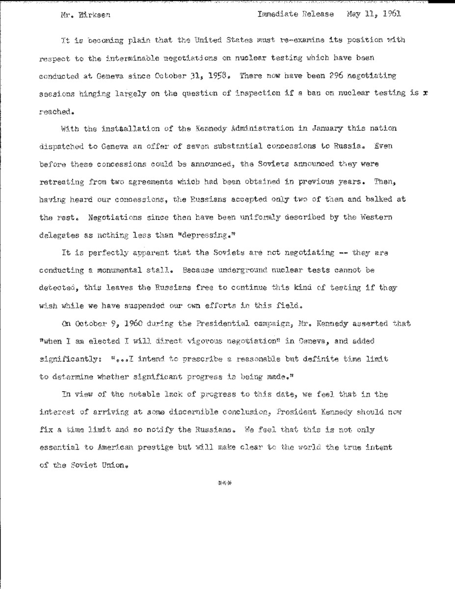 The official statement and press conference covers topics including nuclear test ban talks with the Soviet Union, minimum wage increase legislation and education legislation.