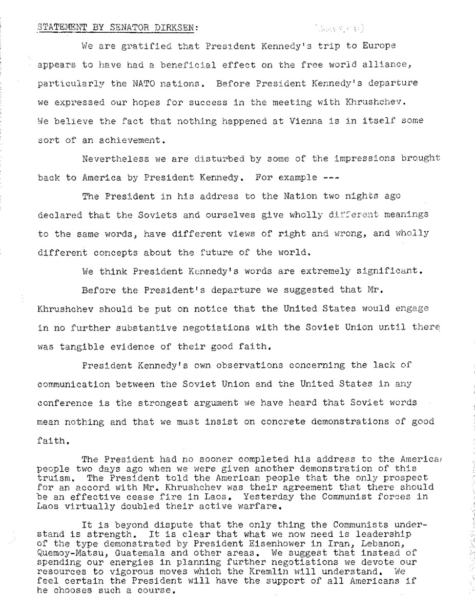 The official statement and press conference covers topics including the Kennedy-Khrushchev summit, Laos, nuclear test ban negotiations, the 1962 elections, Eisenhower foreign policy, agriculture prices, the Federal Communications Commission, transportation taxes and education legislation