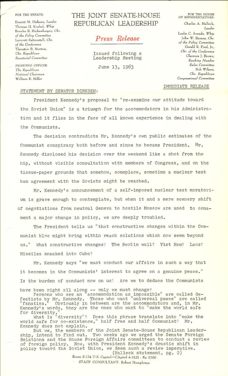 The official statement and press conference covers topics including U.S. policy toward the Soviet Union, nuclear test ban negotiations, civil rights legislation