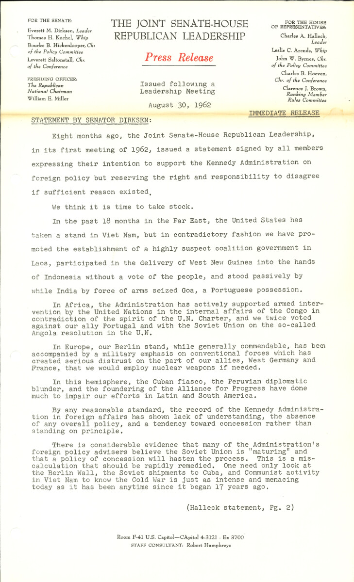 The official statement and press conference covers topics including U.S. foreign policy, nuclear test ban negotiations, the foreign aid bill, tax legislation, Cuba policy, Arthur Goldberg's nomination to the Supreme Court