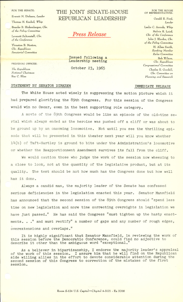 The official statement and press conference covers topics including the conclusion of the first session of the 89th Congress, and congressional oversight