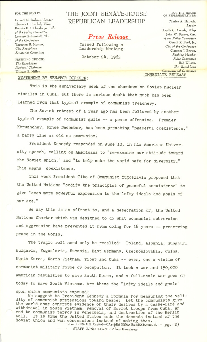 The official statement and press conference covers topics including the Cold War, U.S. relations with communist nations, farm policy, civil rights legislation, tax reform legislation, foreign aid, the marigold as the national flower