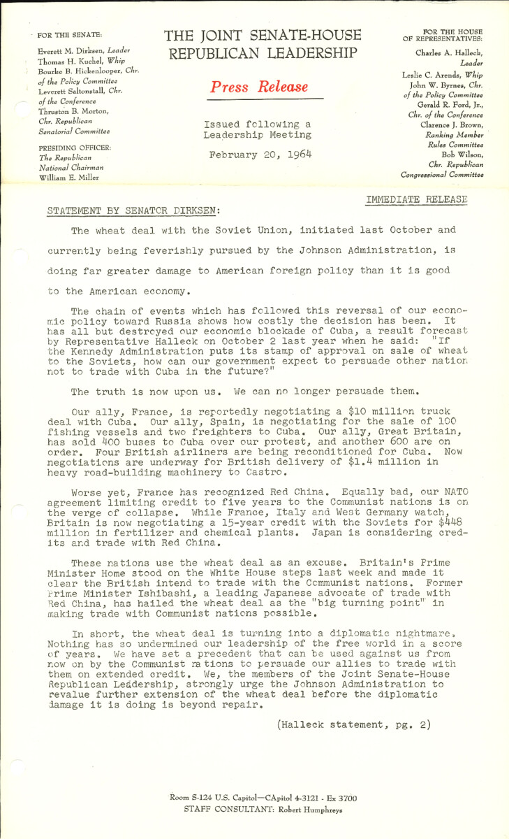 The official statement and press conference covers topics including wheat sales to the Soviet Union, trade with communist nations, Cold War diplomacy, the Civil Rights Act of 1964, Vietnam policy, Supreme Court ruling Weesberry v. Saunders