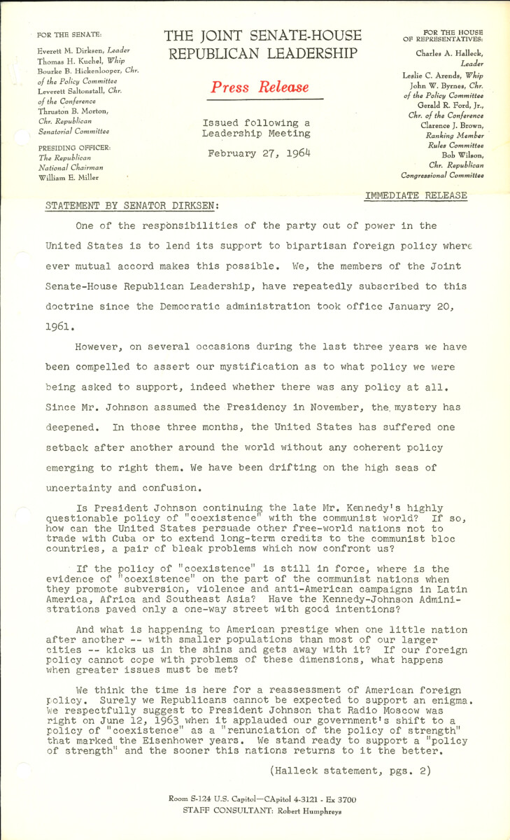 The official statement and press conference covers topics including Cold War diplomacy, foreign policy, the Vietnam War, the 1964 presidential election, the farm bill, the Civil Rights Act of 1964, Department of Defense funding