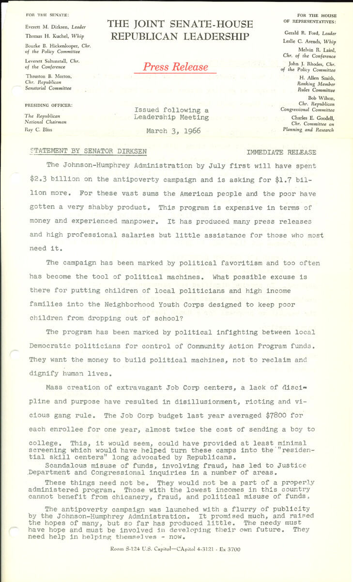 The official statement and press conference covers topics including the War on Poverty, a proposed minimum wage increase, and state legislative reapportionment