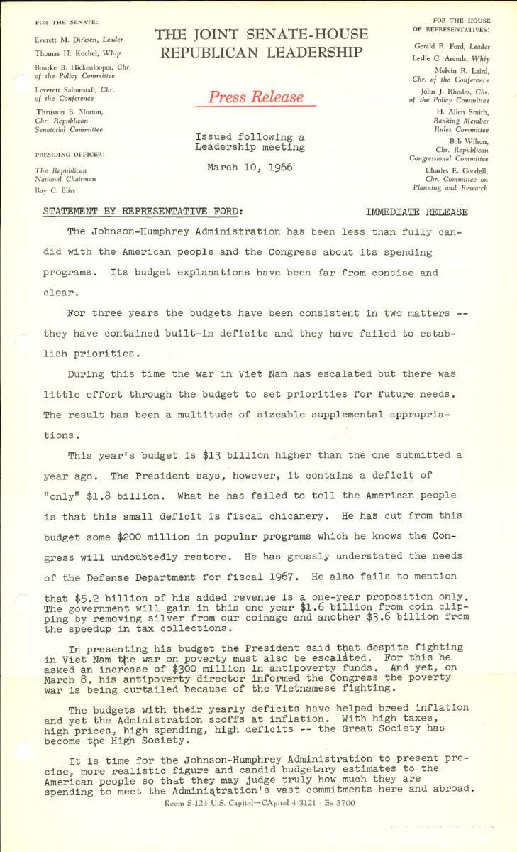 The official statement and press conference covers topics including federal spending, the Vietnam War, inflation, Defense spending