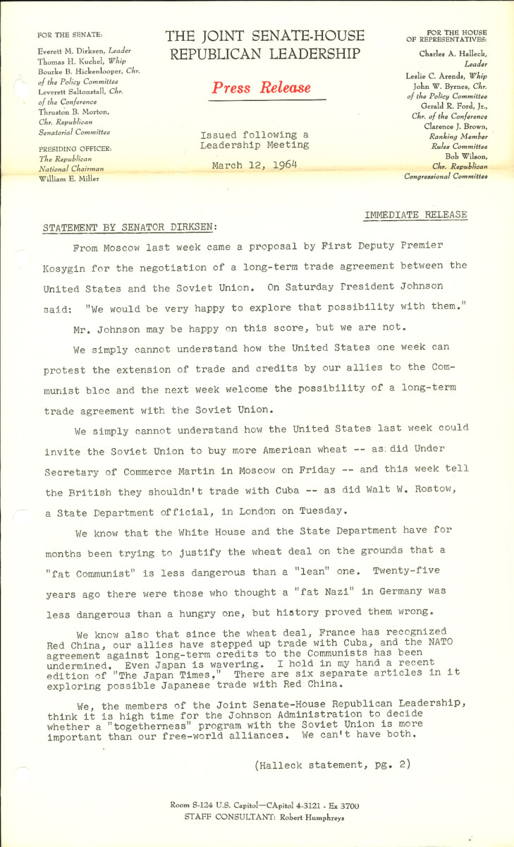 The official statement and press conference covers topics including U.S. - Soviet trade, the federal payroll, the New Hampshire primary, the federal pay raise, and civil rights legislation