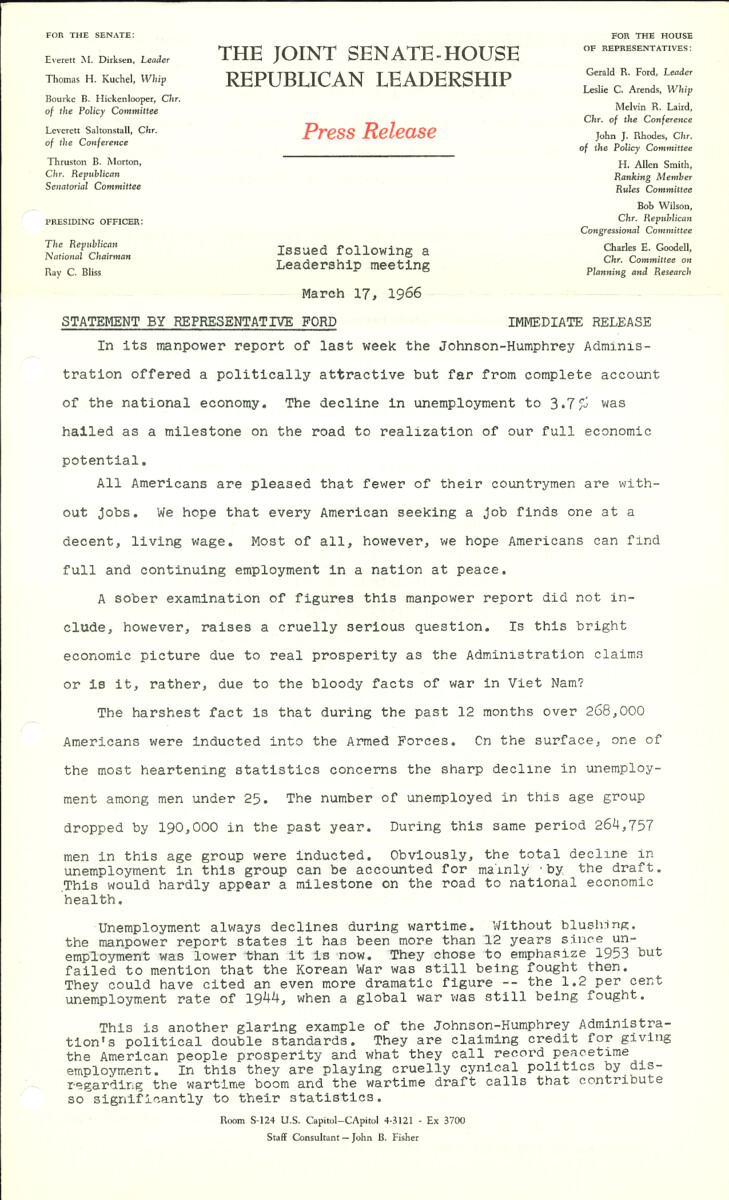 The official statement and press conference covers topics including unemployment, the Vietnam War draft, federal spending, educational aid, aid to the aged, People's Republic of China policy