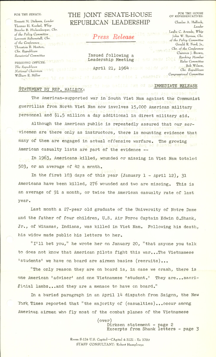The official statement and press conference covers topics including the Vietnam War, federal spending, civil rights legislation, and the 1964 presidential campaign