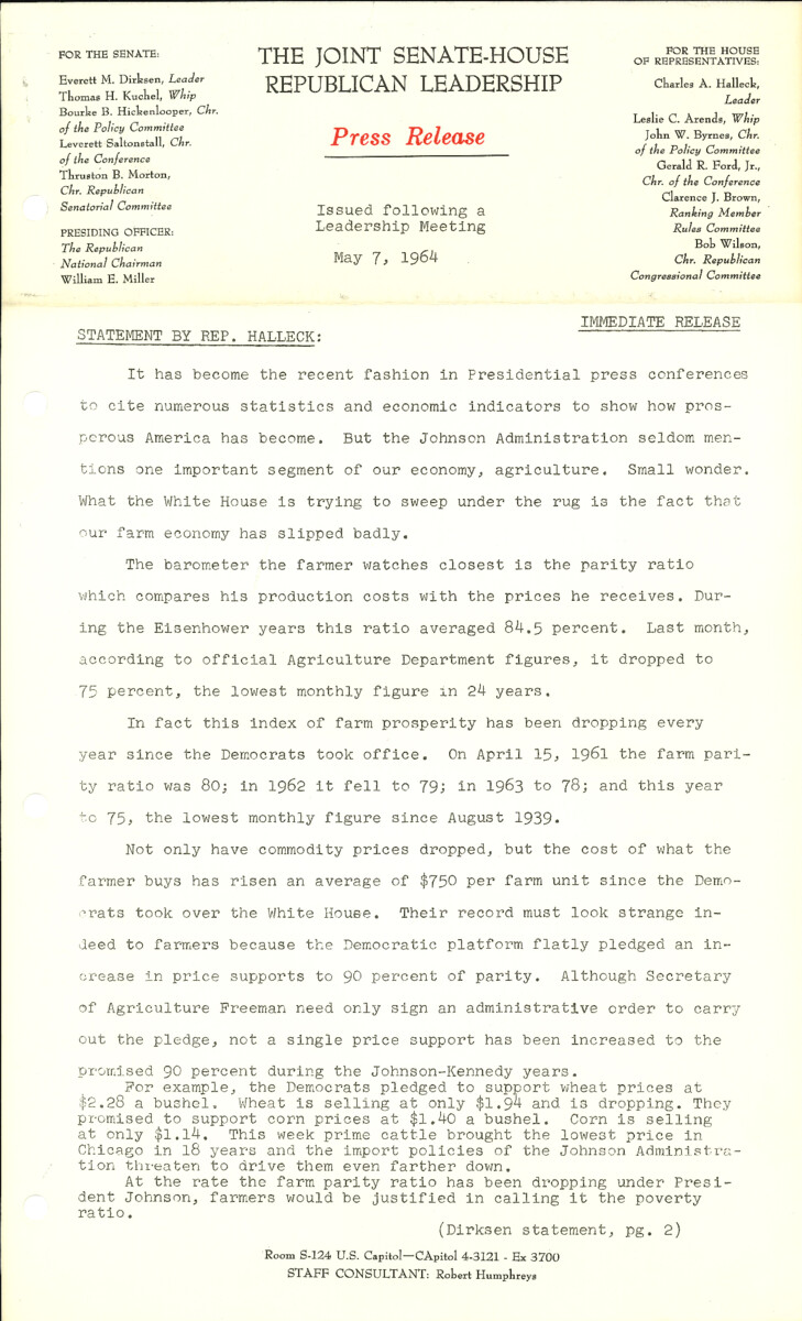 The official statement and press conference covers topics including agriculture spending and commodity prices, the Civil Rights Act of 1964, Indiana primary election of 1964, aid-to-poverty legislation, President Harry Truman's 80th birthday, and the Cuba trade embargo