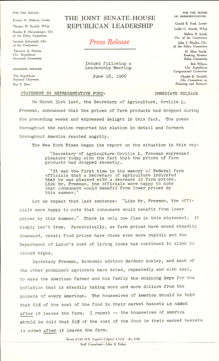 The official statement and press conference covers topics including farm prices, inflation, fair-housing legislation