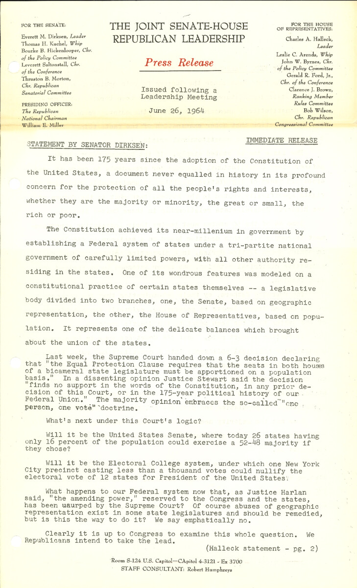 The official statement and press conference covers topics including the Supreme Court's Reynolds v. Sims decision, state legislative apportionment, the Civil Rights Act of 1964, and aid-to-poverty legislation