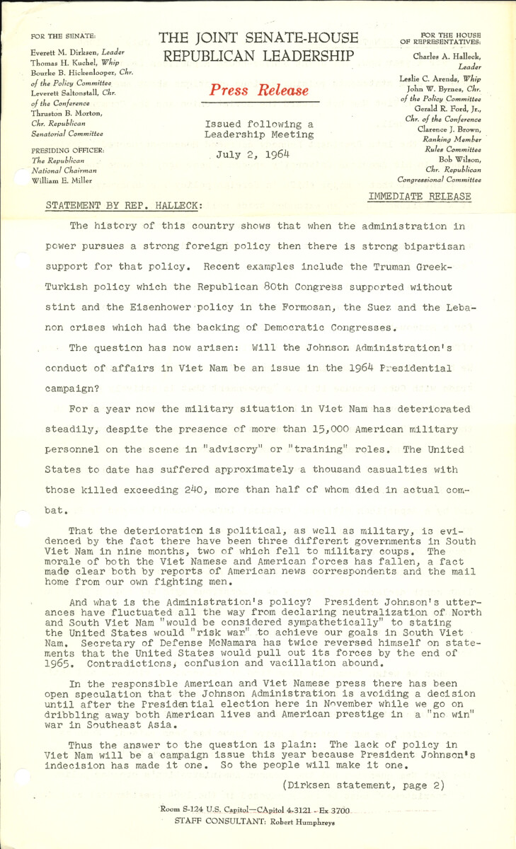 The official statement and press conference covers topics including the Vietnam War, the USSR Consular Treaty, the congressional pay raise bill, Everett Dirksen's pending nomination speech of Barry Goldwater, the Civil Rights Act of 1964, and the 1964 Republican National Convention