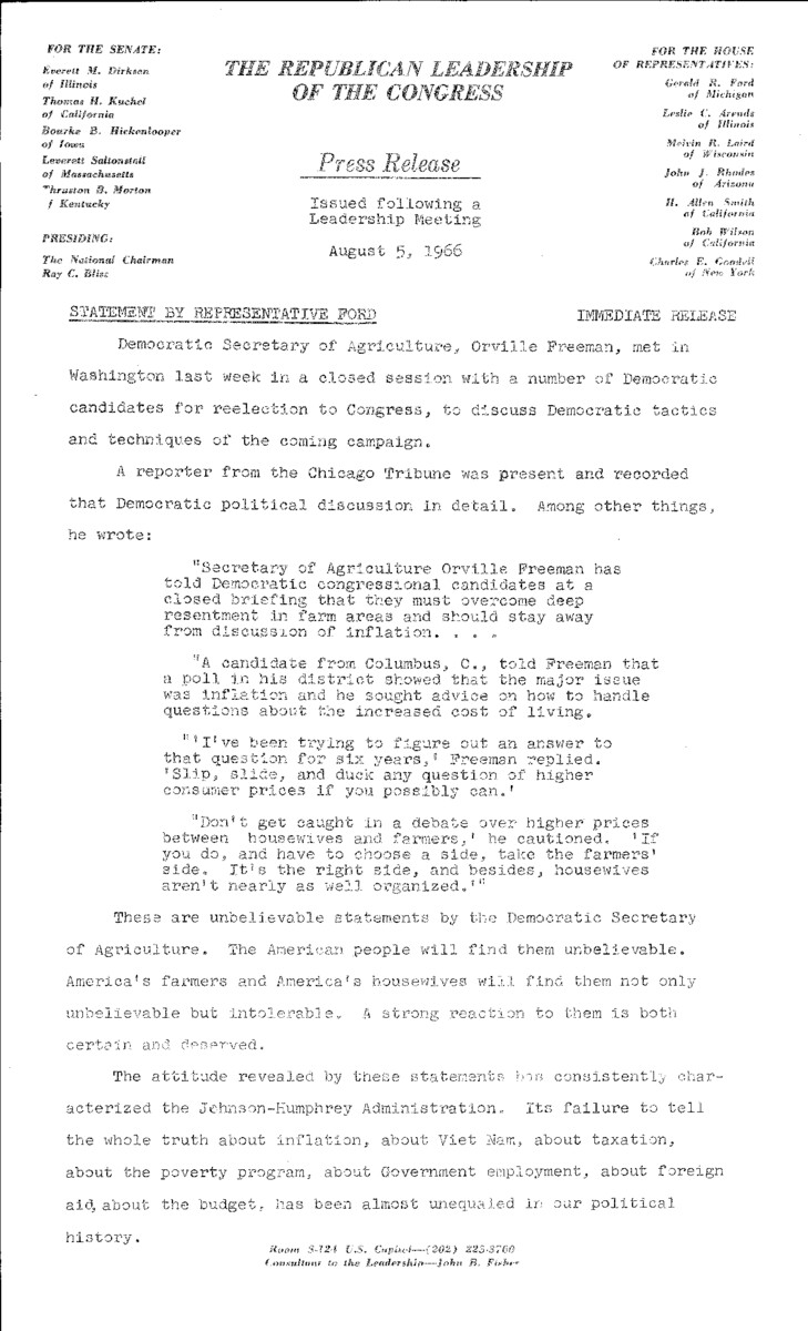 The official statement and press conference covers topics including agricultural prices, inflation, steel price increases, the airline strike, fair housing legislation
