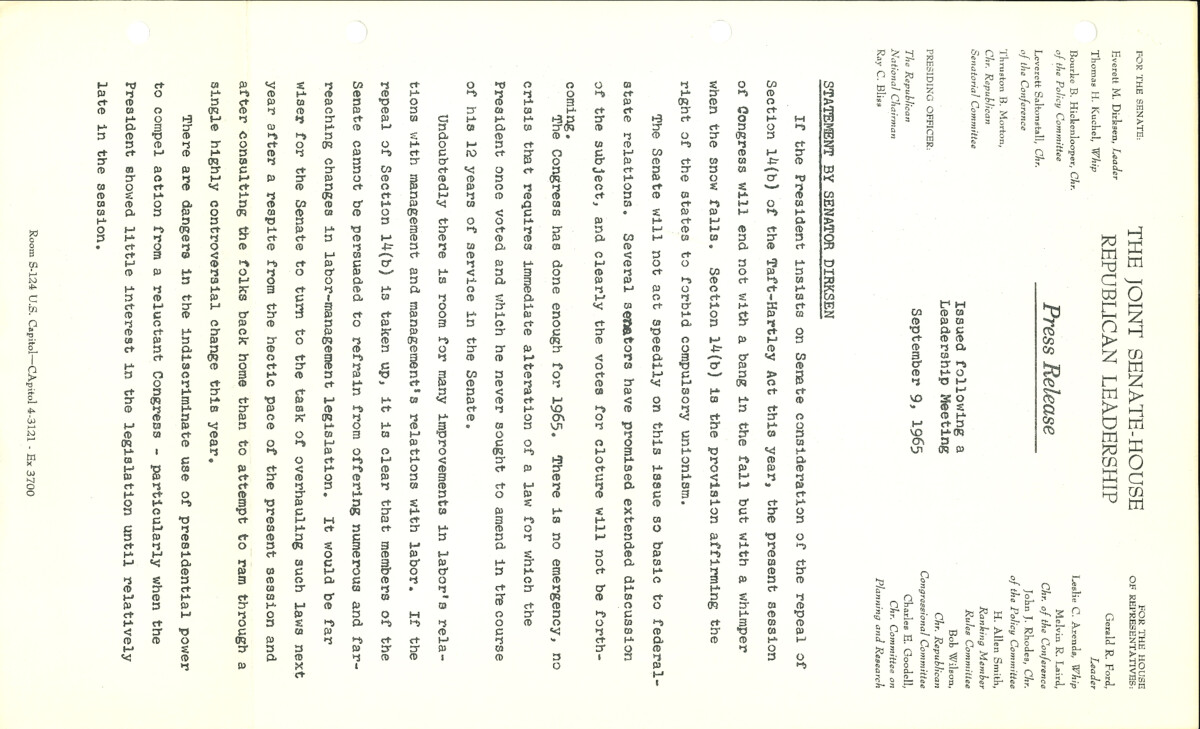 The official statement and press conference covers topics including the Taft-Hartley Act Section 14(b), higher-education costs, U.S.-Panama agreements, the India-Pakistan conflict, immigration legislation, D.C. home rule legislation