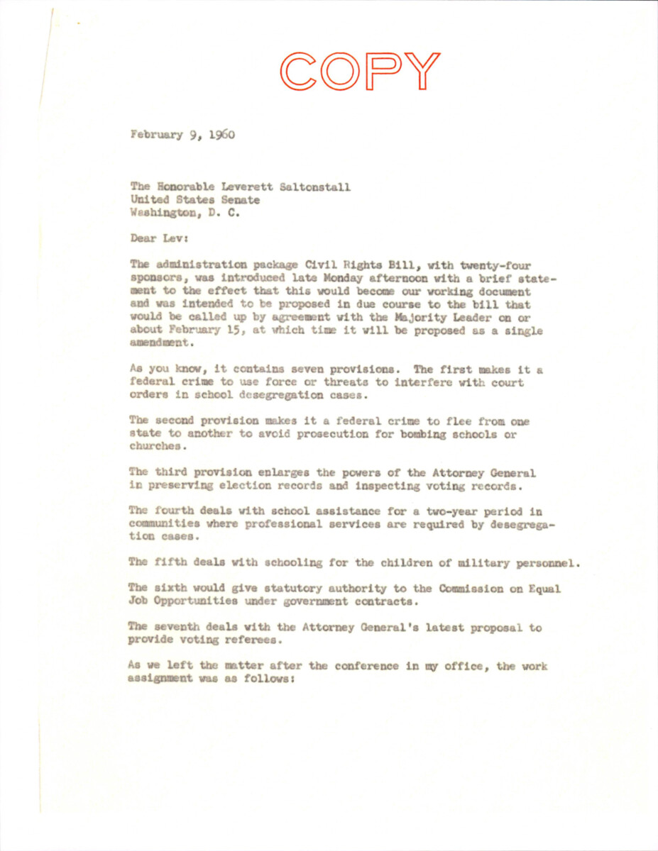 Duplicate Of A Letter To Senator Saltonstall With A Summary Of The Civil Rights Bill With Work Assignments.