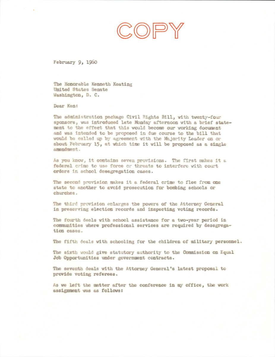 Duplicate Of A Letter To Senator Keating With A Summary Of The Civil Rights Bill With Work Assignments.