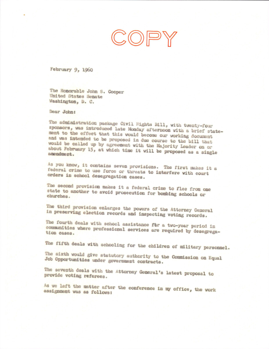 Duplicate Of A Letter To Senator Cooper With A Summary Of The Civil Rights Bill With Work Assignments.