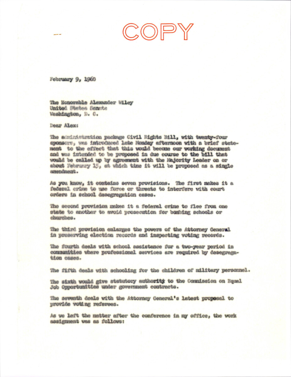 Duplicate Of A Letter To Senator Wiley With A Summary Of The Civil Rights Bill With Work Assignments.