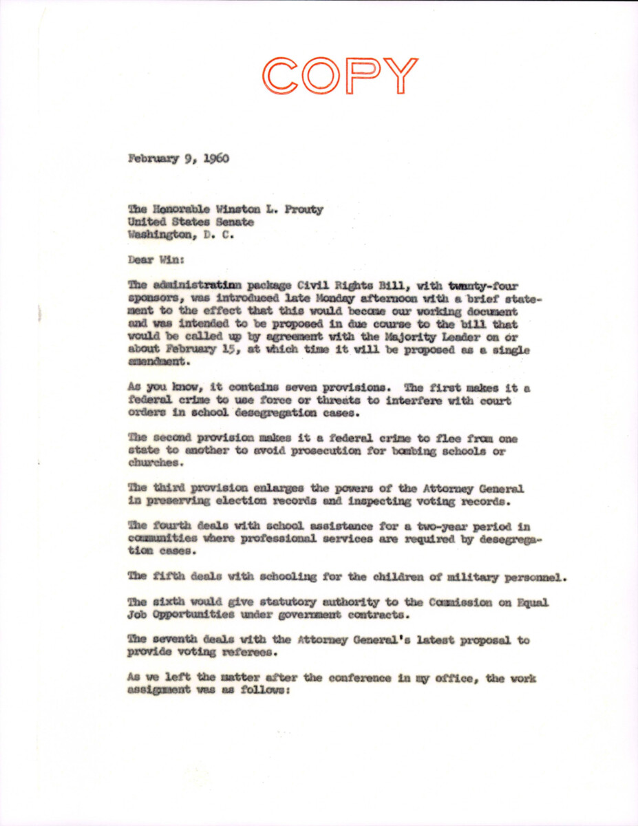 Duplicate Of A Letter To Senator Prouty With A Summary Of The Civil Rights Bill With Work Assignments.