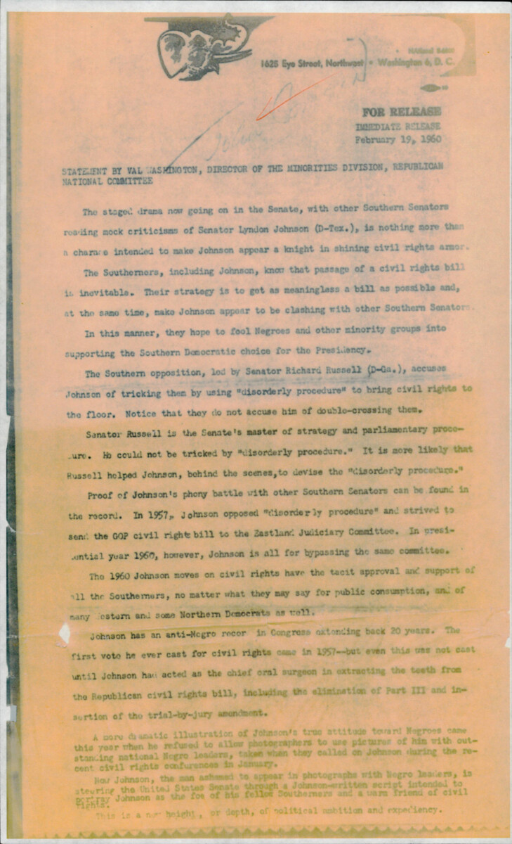 Press Release Evaluating The Actions Of The Opposition To The Civil Rights Bill.