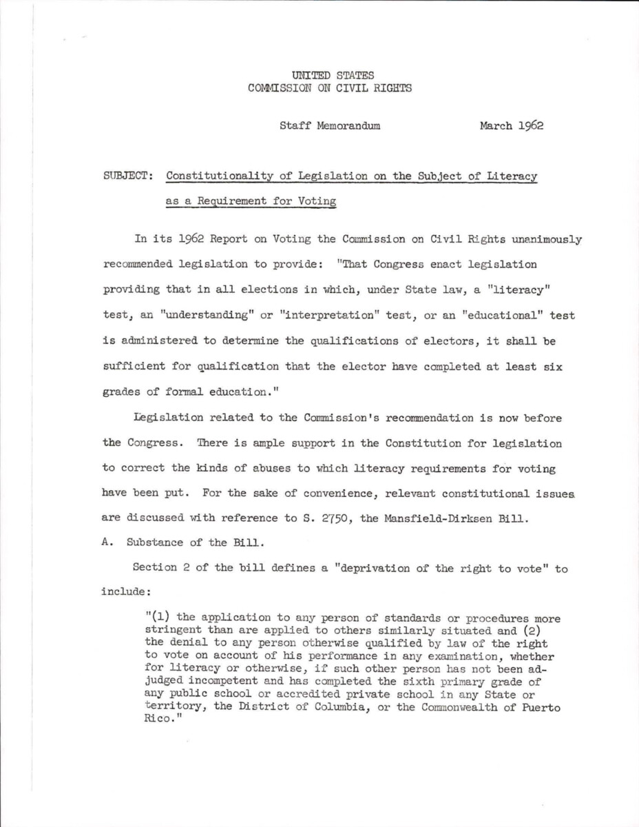 Constitutionality Of Legislation On The Subject Of Literacy As A Requirement For Voting.