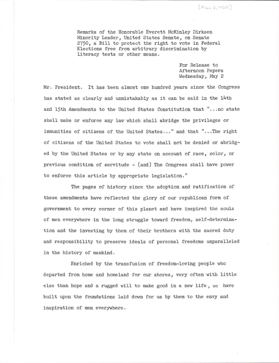Senator Dirksen Advocates For S. 2750 To Eliminate Racial Discrimination In Voting, Highlighting Evidence And Constitutional Authority To Protect Equal Voting Rights.