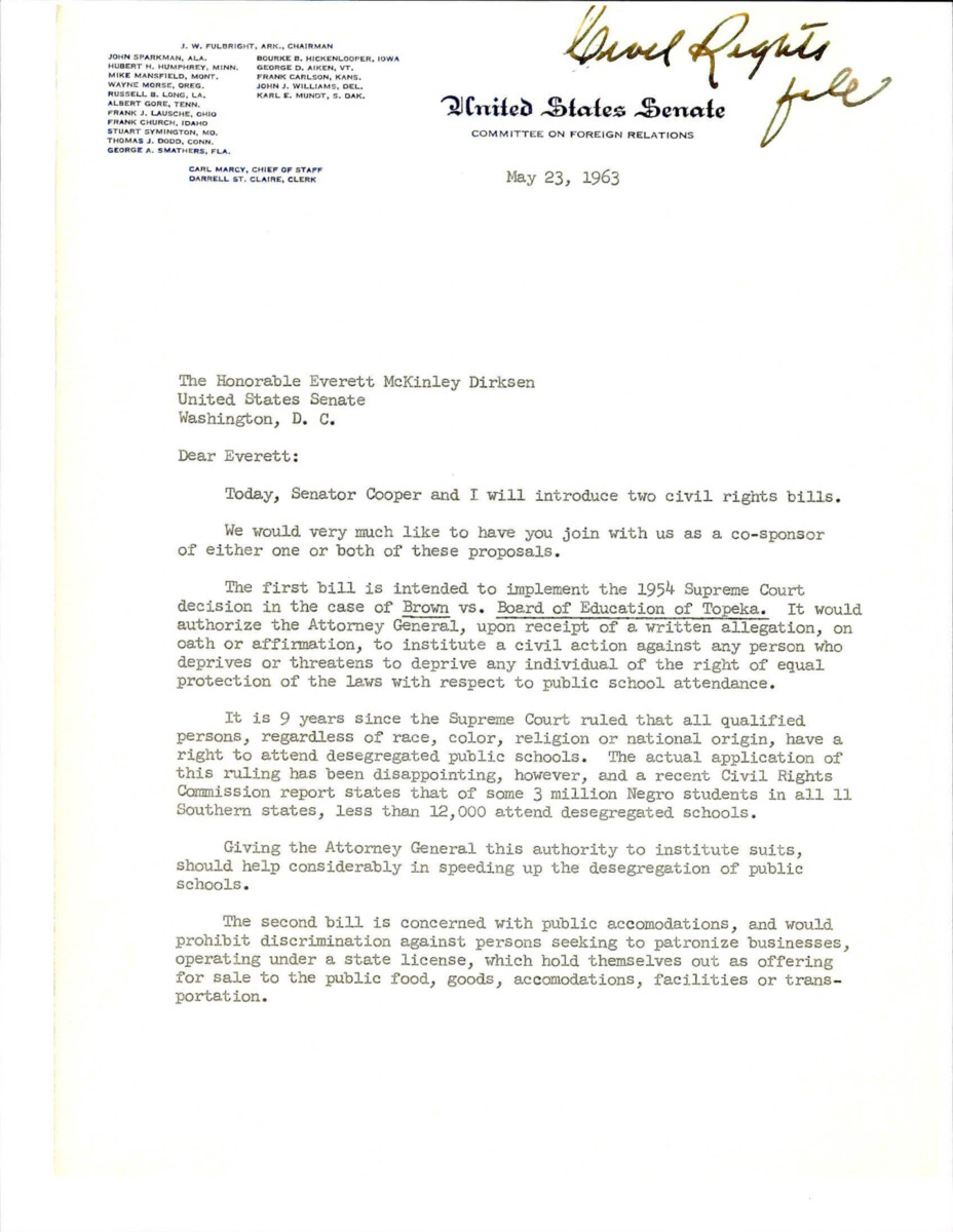 Letter From Thomas Dodd To Everett Dirksen Regarding Pending Civil Rights Bills