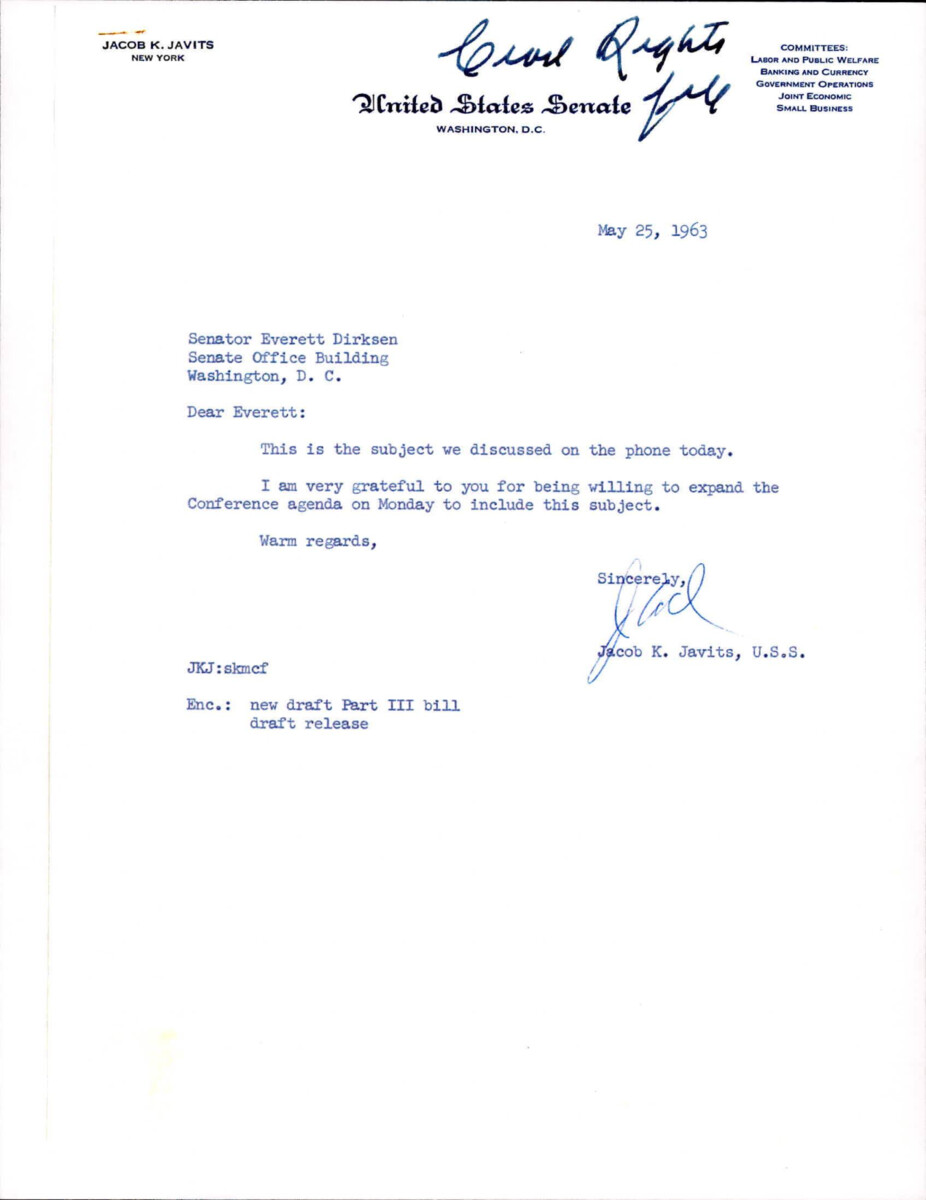 Letter From Jacob K. Javits To Everett Dirksen Regarding The Draft Of Part Iii Of The Civil Rights Bill.