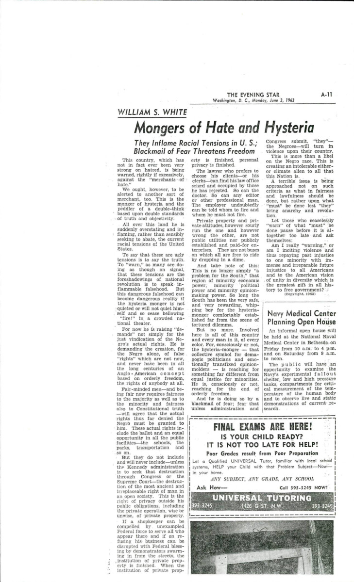 Newspaper Article Stating That Recent Civil Rights Legislation Is Driving Americans Apart And Creating Hate.