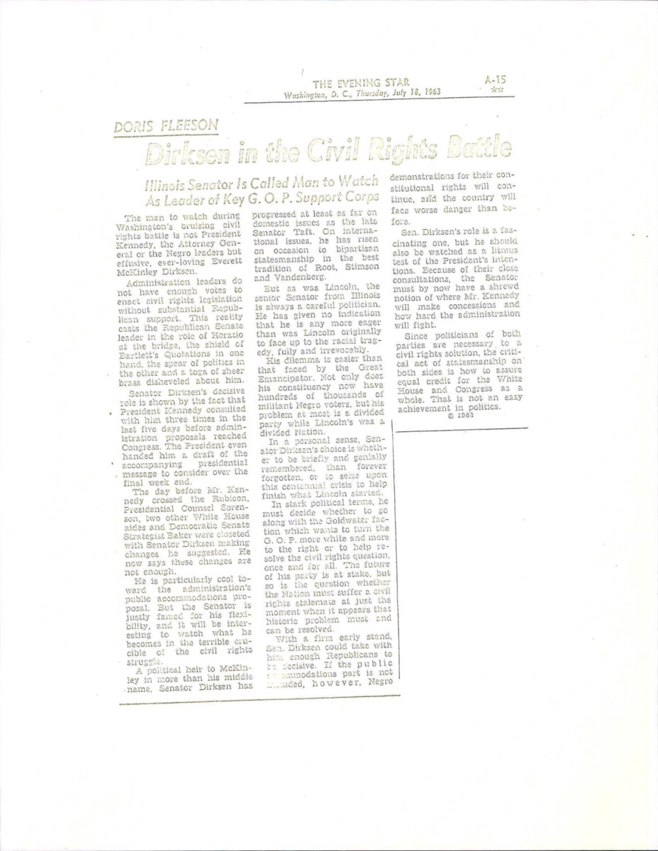 Newspaper Article In The Evening Star, Washington, D.C. Entitled "dirksen In The Civil Rights Battle." Senator Dirksen Is A Key Influence In The Republican Party To Support The Civil Rights Movement, Where He Is Relied Heavily Upon By President John F. Kennedy With Examples Frequent Interactions And An Early Draft Of A Presidential Announcement.