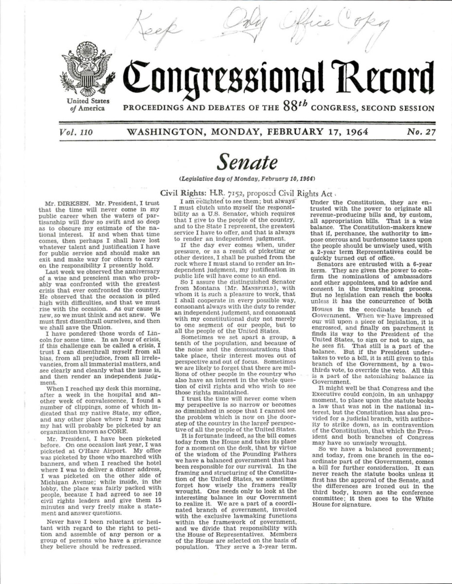 Sen. Dirksen Floor Speech Regarding The Reactions He Was Getting From The Public After Proposing The Civil Rights Act.