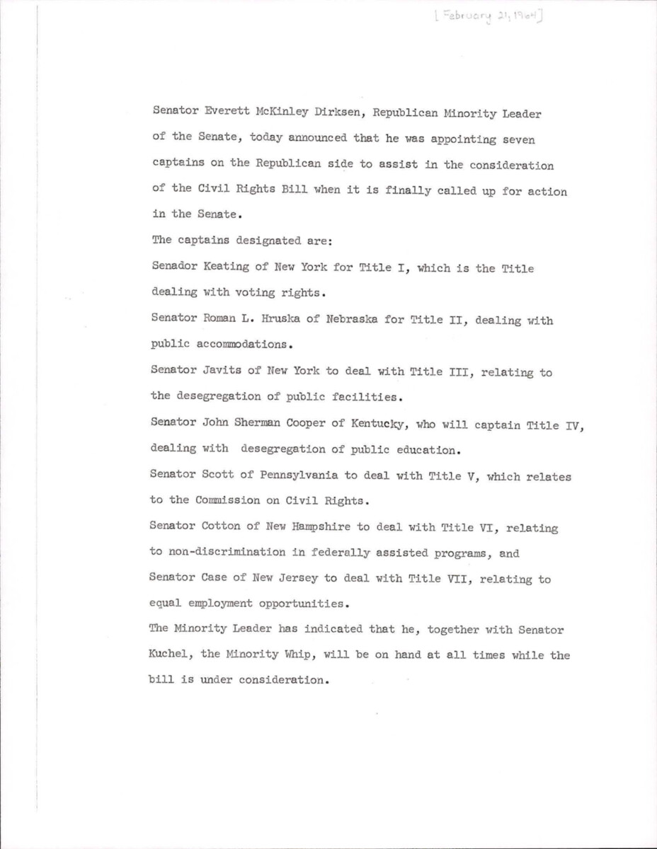 Press Release Draft Announcing Dirksen's Announcement Appointing Seven Republicans To Help Push The Civil Rights Bill When It Reaches The Senate.