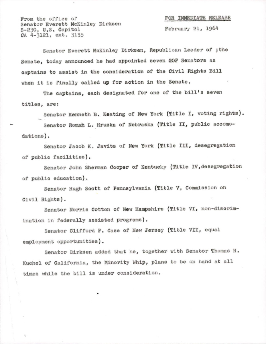 Official Press Release Announcing Dirksen's Announcement Of Appointing Republican Senators To Help Push The Civil Rights Bill Once It Reaches The Senate.
